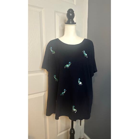 Talbots 2x T-Shirt Top Peacock Beaded Sequins Short Sleeve Navy Womens - Picture 1 of 6